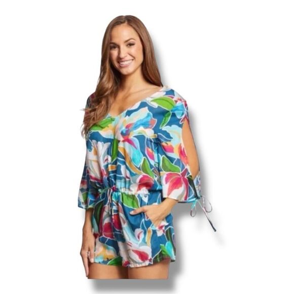 La Blanca Go With The Flo-ral Lightweight Coverup Floral Romper Size Medium - Picture 1 of 7